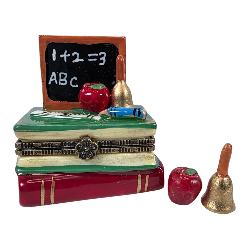 Teacher Blackboard Trinket Box Apple Books Bell Hinged Classroom Decor NIB